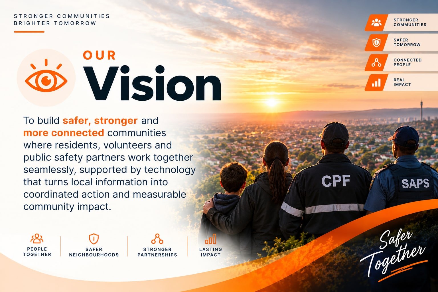 Our Vision: to build safer, stronger and more connected communities where residents, volunteers and public safety partners work together seamlessly, supported by technology that turns local information into coordinated action and measurable community impact.